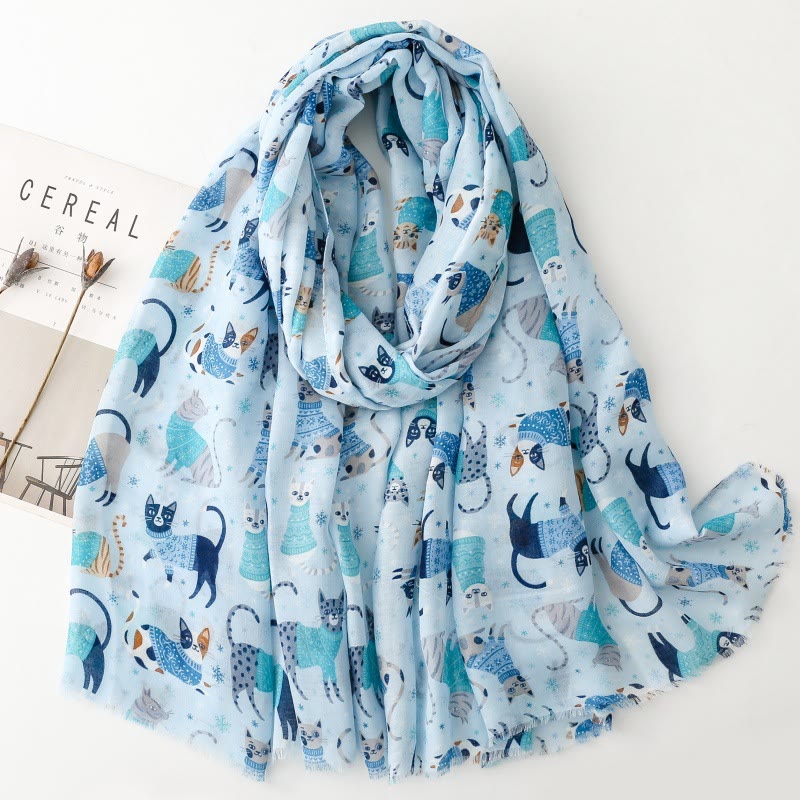 Women's Cat Kitten Printed Lightweight Thin Scarf - Blue - image 8