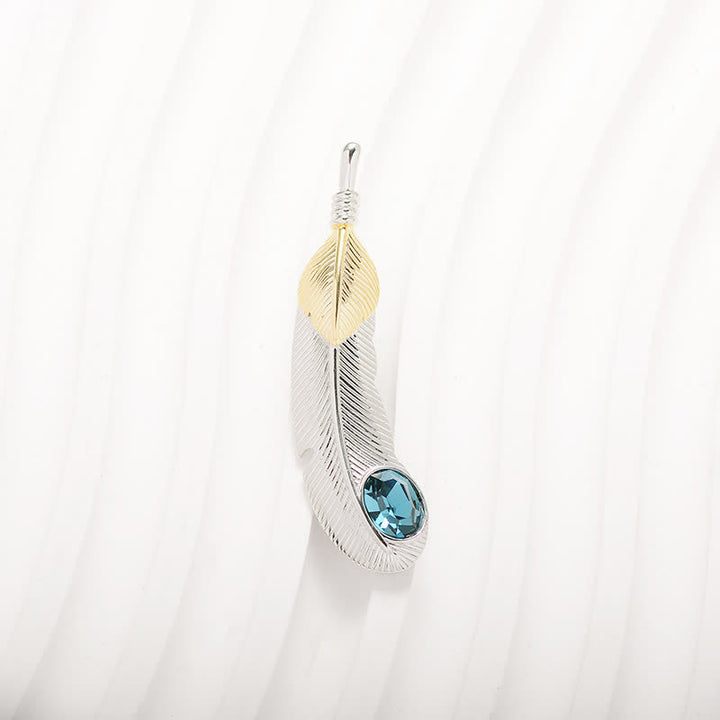 Unisex Faux Blue Crystal Feather Shape Brooch