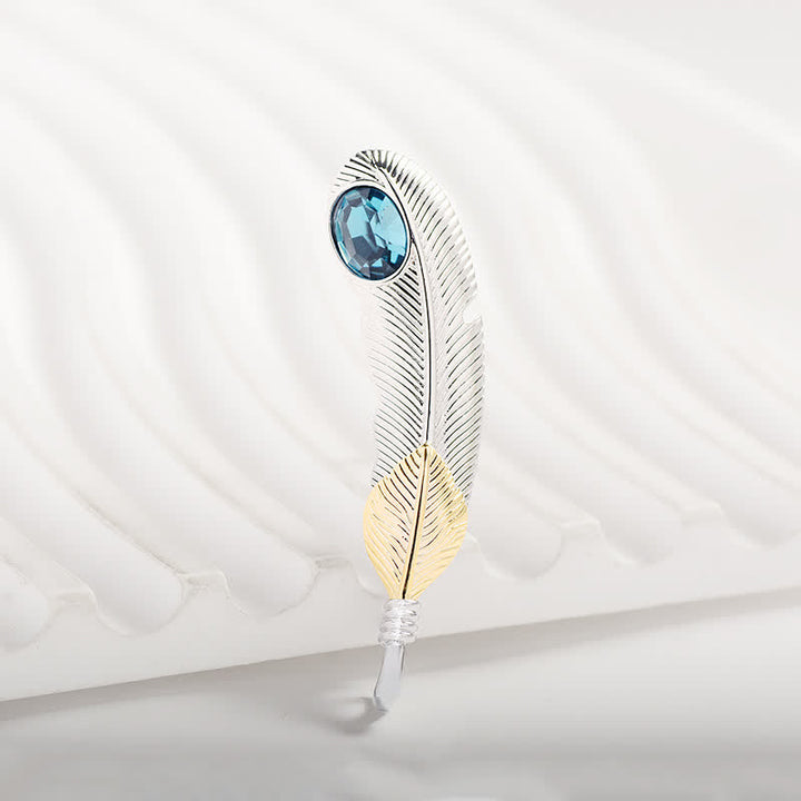 Unisex Faux Blue Crystal Feather Shape Brooch