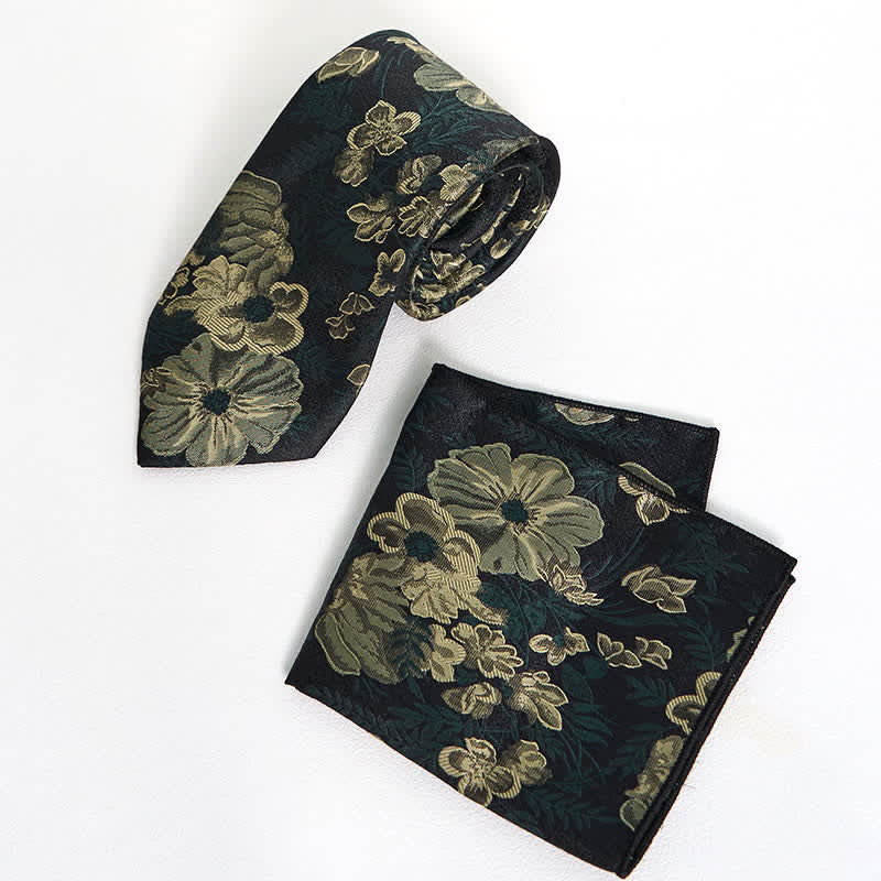 Men's Pine Forest Green Floral Necktie Pocket Square - Necktie + Pocket Square - image 5