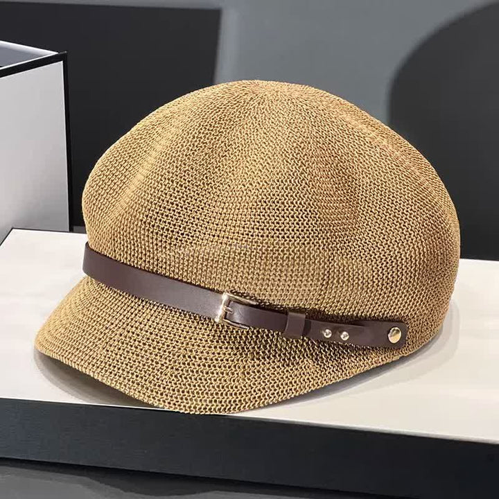 Women's Woven Leather Band Decor Beach Straw Beret Hat