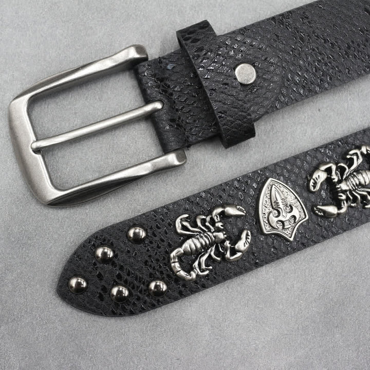 Antique Silver Scorpion Rivet Black Snakeskin Print Leather Belt