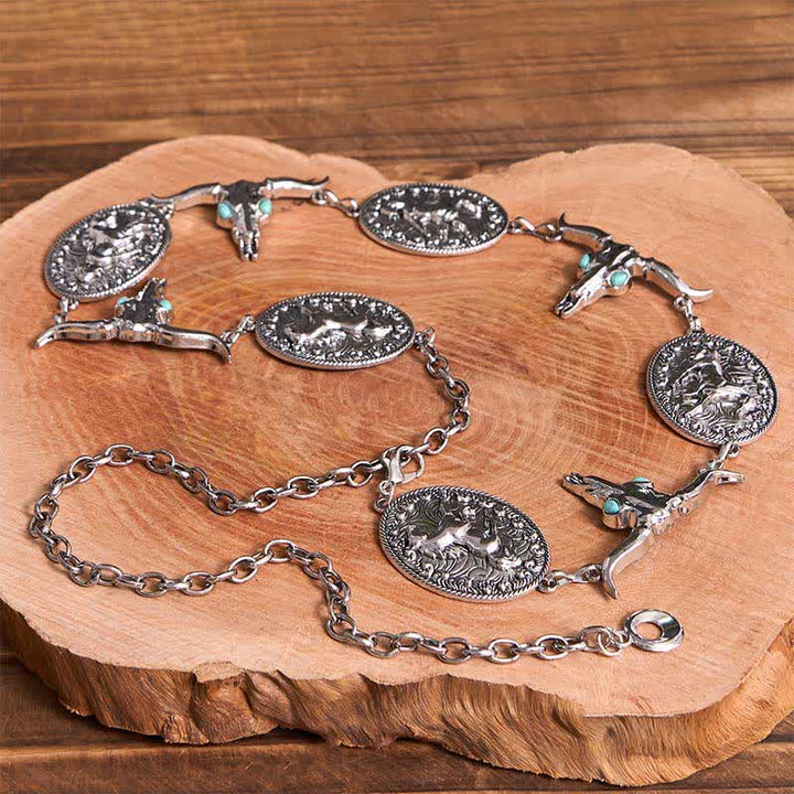 Women's Bull Head Faux Turquoise Western Concho Belt Waist Chain