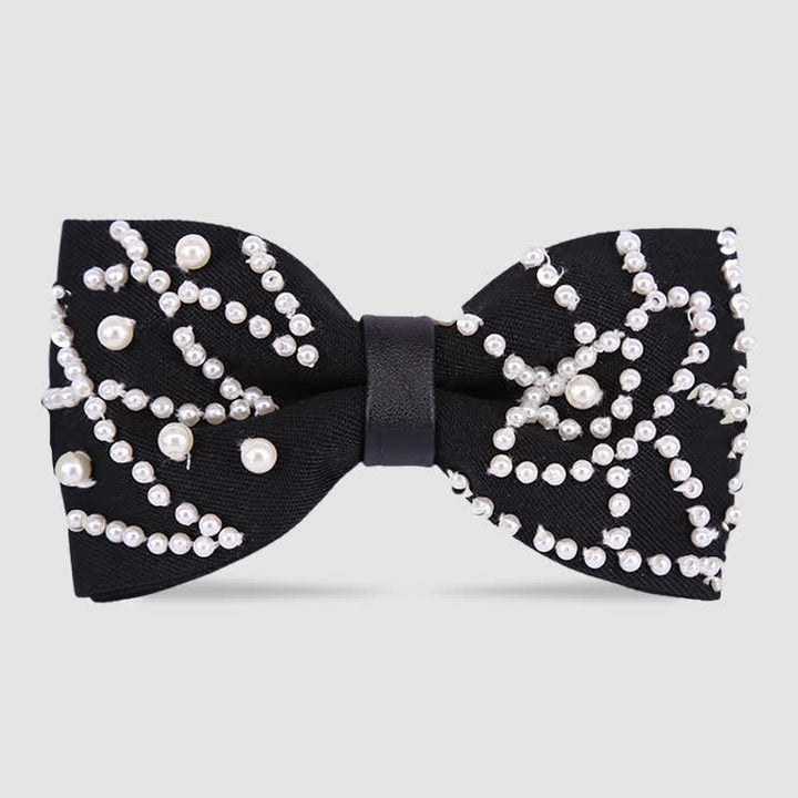 Elegant Hand-Embroidered Black & White Pearls Bow Tie