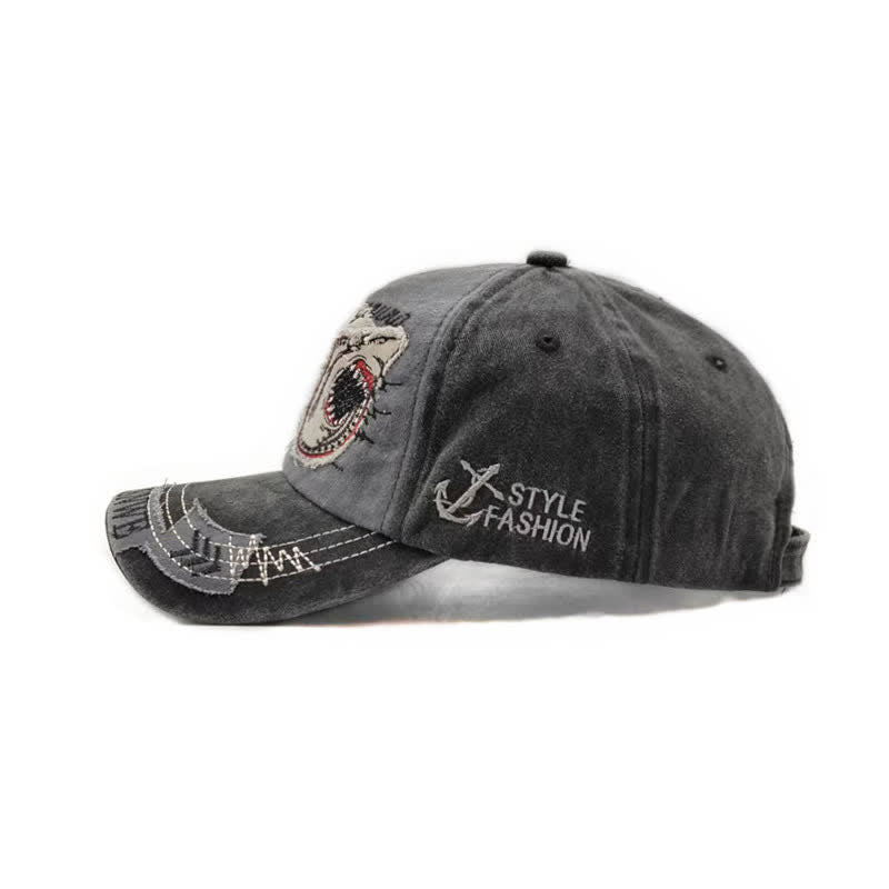 Shark Embroidered Retro Frayed Edge Washed Baseball Cap - image 4