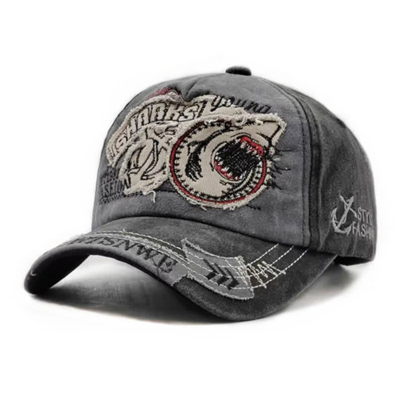 Shark Embroidered Retro Frayed Edge Washed Baseball Cap - Black - Adjustable (21 5/8"-23 5/8") - image 3