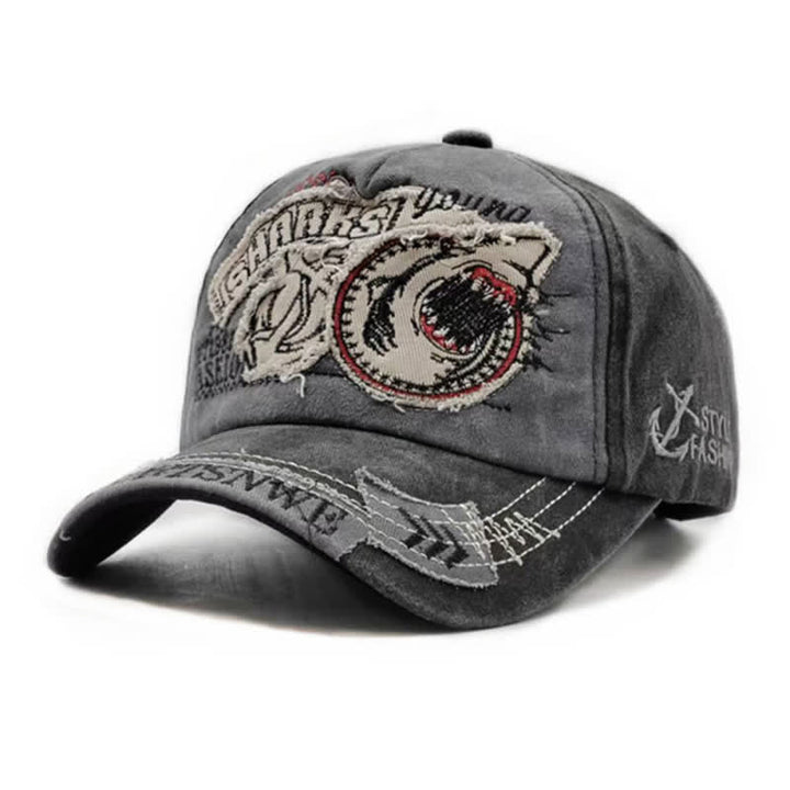 Shark Embroidered Retro Frayed Edge Washed Baseball Cap - Black - Adjustable (21 5/8"-23 5/8") - image 3