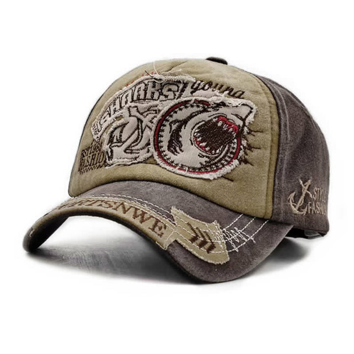 Shark Embroidered Retro Frayed Edge Washed Baseball Cap - Khaki - Adjustable (21 5/8"-23 5/8") - image 9