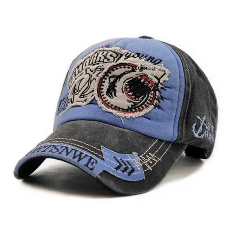Shark Embroidered Retro Frayed Edge Washed Baseball Cap - Sky Blue - Adjustable (21 5/8"-23 5/8") - image 13
