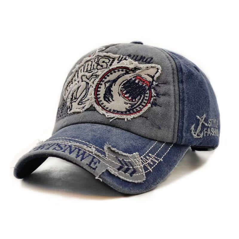 Shark Embroidered Retro Frayed Edge Washed Baseball Cap - Navy - Adjustable (21 5/8"-23 5/8") - image 6