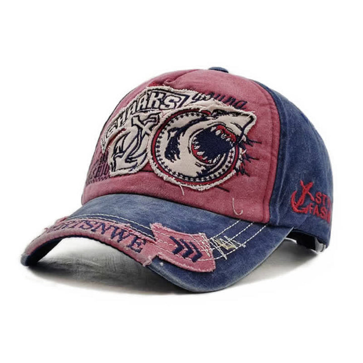 Shark Embroidered Retro Frayed Edge Washed Baseball Cap - Red - Adjustable (21 5/8"-23 5/8") - image 0