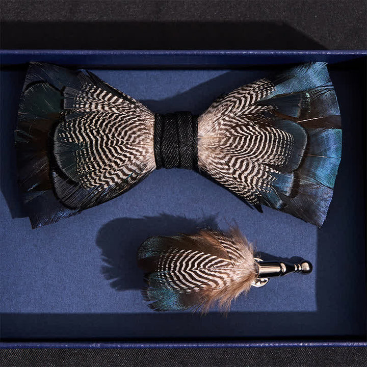 Blue & White Mallard Duck Feather Bow Tie with Lapel Pin - image 3