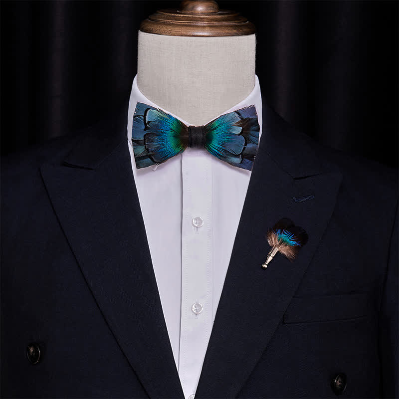 Cascading Navy Feather Bow Tie with Lapel Pin - image 1