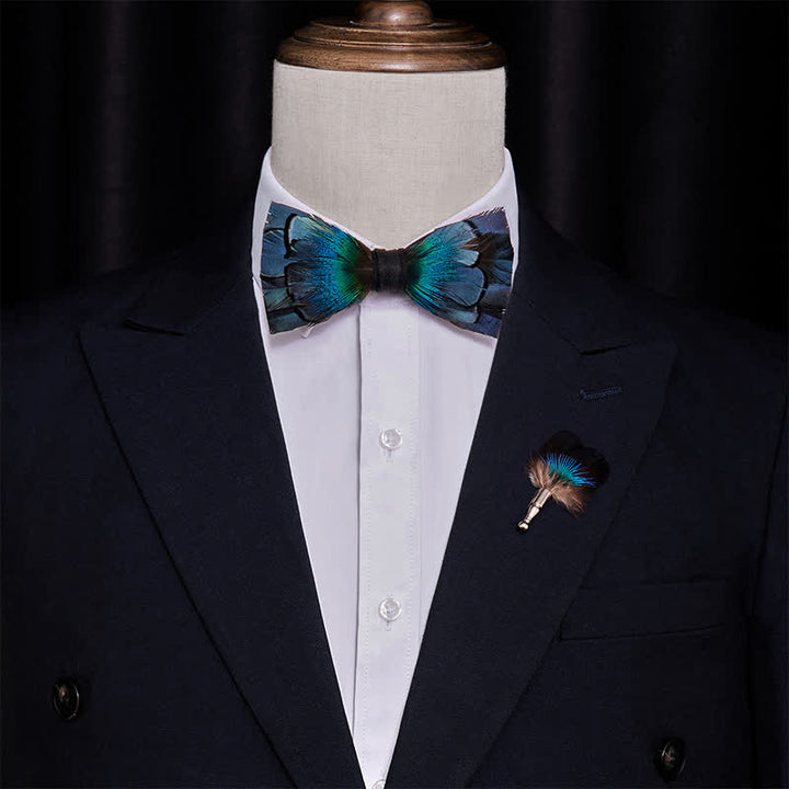 Cascading Navy Feather Bow Tie with Lapel Pin - image 1