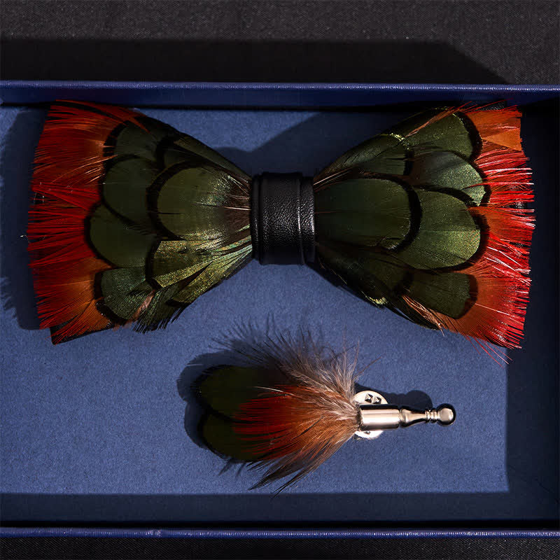 Orange Greenish Pheasant Feather Bow Tie with Lapel Pin - image 3
