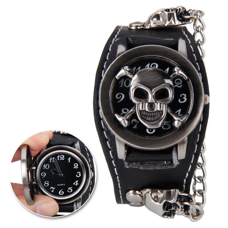 Men's Punk Rivet Chain Bracelet Leather Watch With Skull Cover