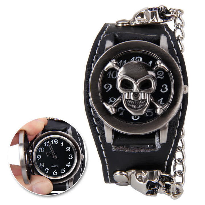 Men's Punk Rivet Chain Bracelet Leather Watch With Skull Cover