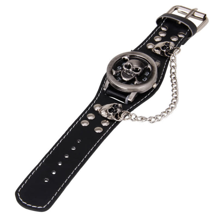Men's Punk Rivet Chain Bracelet Leather Watch With Skull Cover