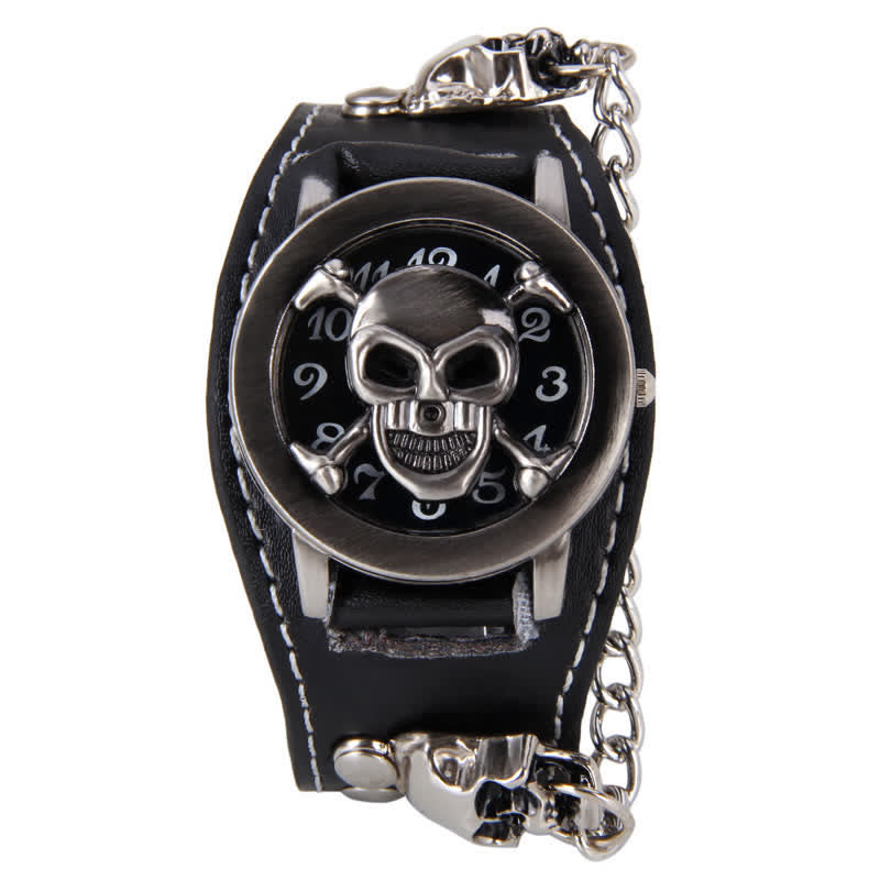 Men's Punk Rivet Chain Bracelet Leather Watch With Skull Cover