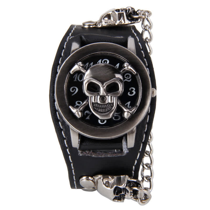 Men's Punk Rivet Chain Bracelet Leather Watch With Skull Cover