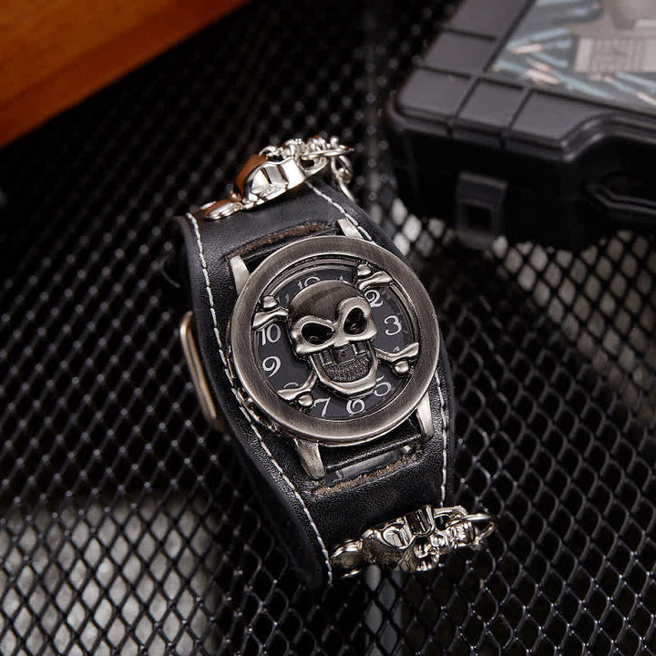 Men's Punk Rivet Chain Bracelet Leather Watch With Skull Cover