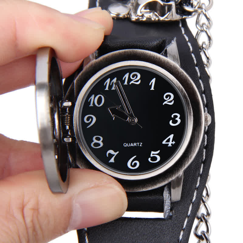 Men's Punk Rivet Chain Bracelet Leather Watch With Skull Cover