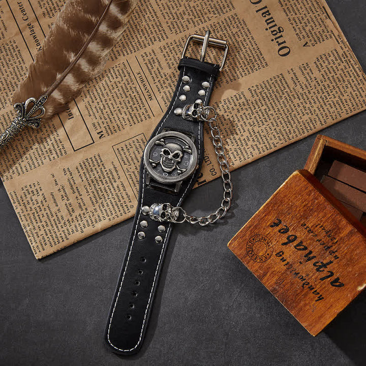 Men's Punk Rivet Chain Bracelet Leather Watch With Skull Cover