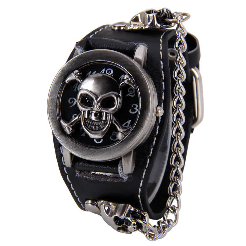 Men's Punk Rivet Chain Bracelet Leather Watch With Skull Cover