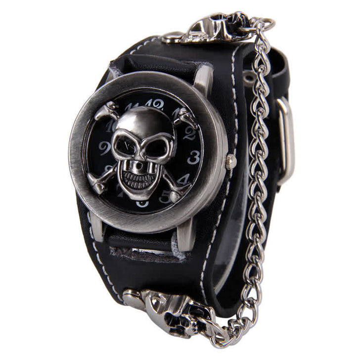Men's Punk Rivet Chain Bracelet Leather Watch With Skull Cover