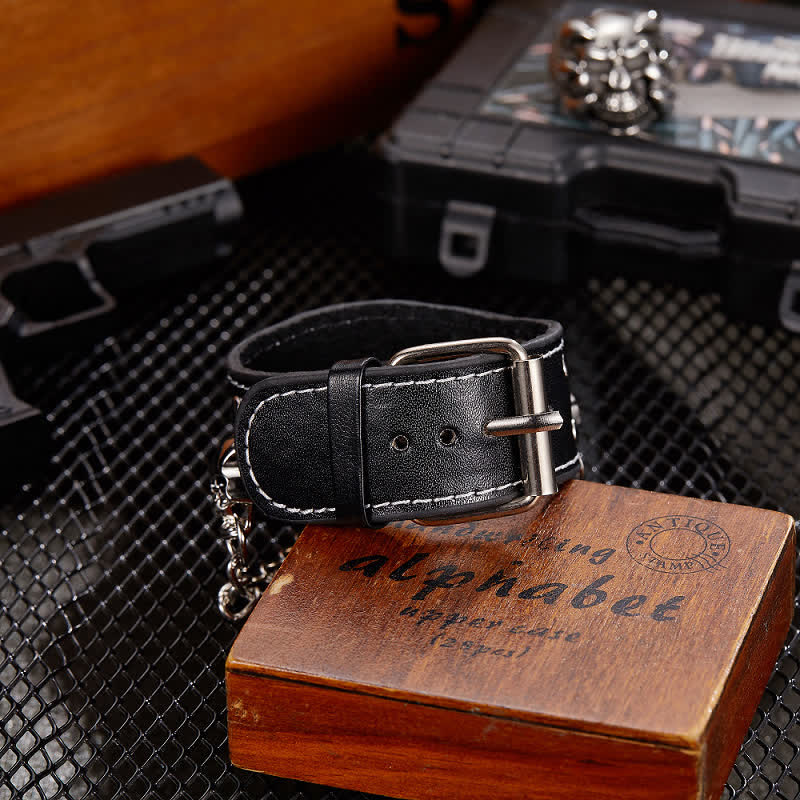 Men's Punk Rivet Chain Bracelet Leather Watch With Skull Cover