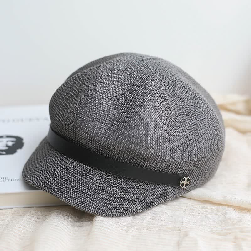Women's Elegant Black Leather Band Octagonal Straw Beret Hat