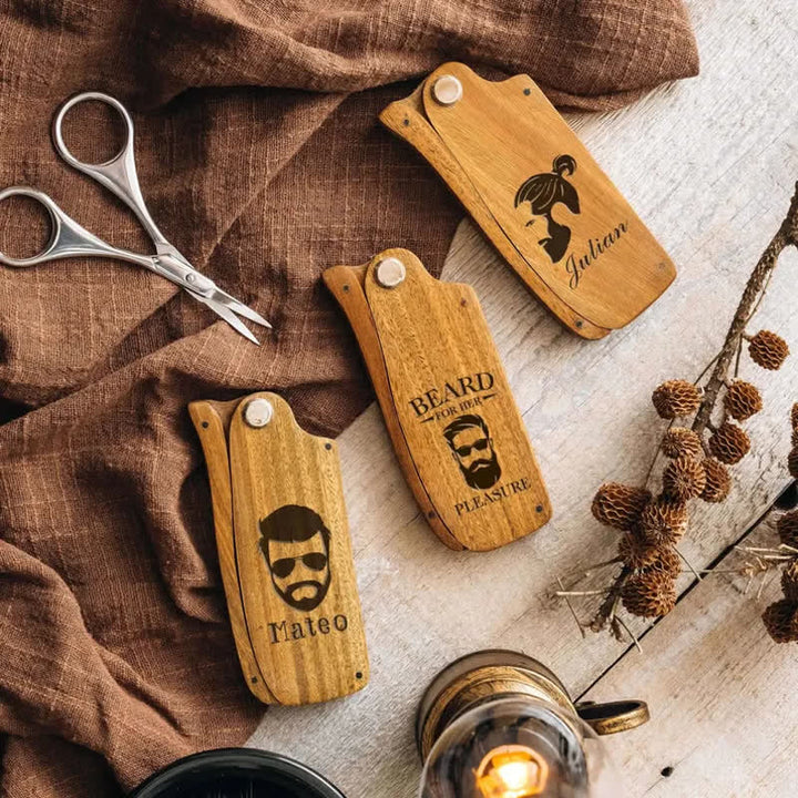 Personalized Carved Name Folding Wood Beard Hair Comb