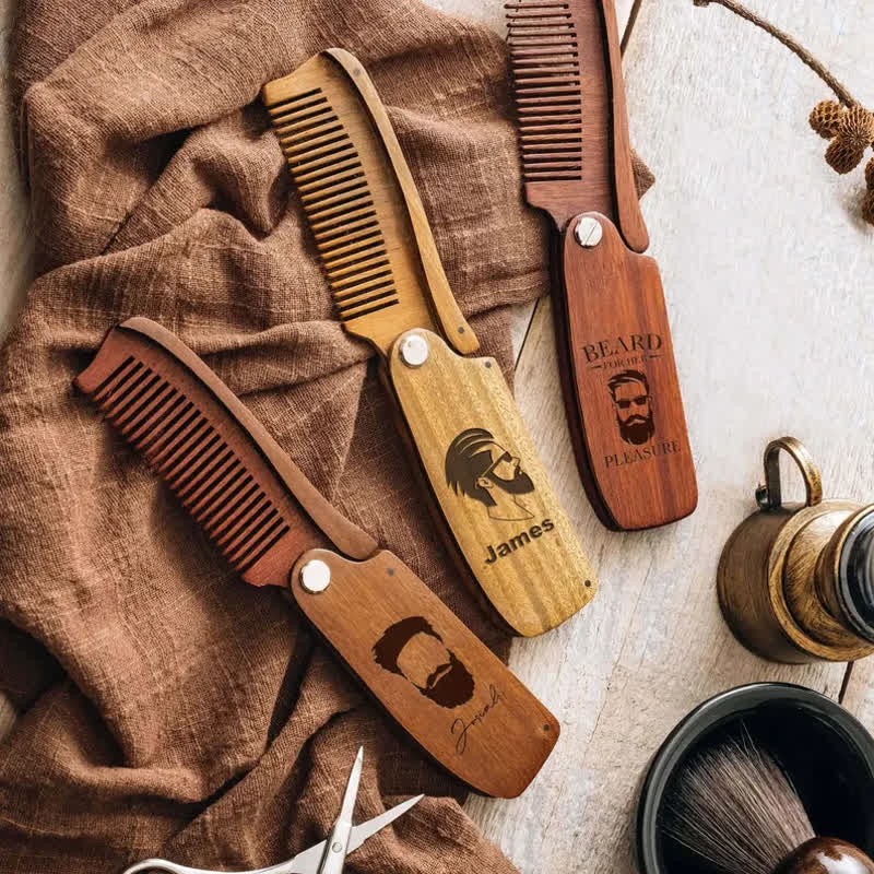 Personalized Carved Name Folding Wood Beard Hair Comb - image 0