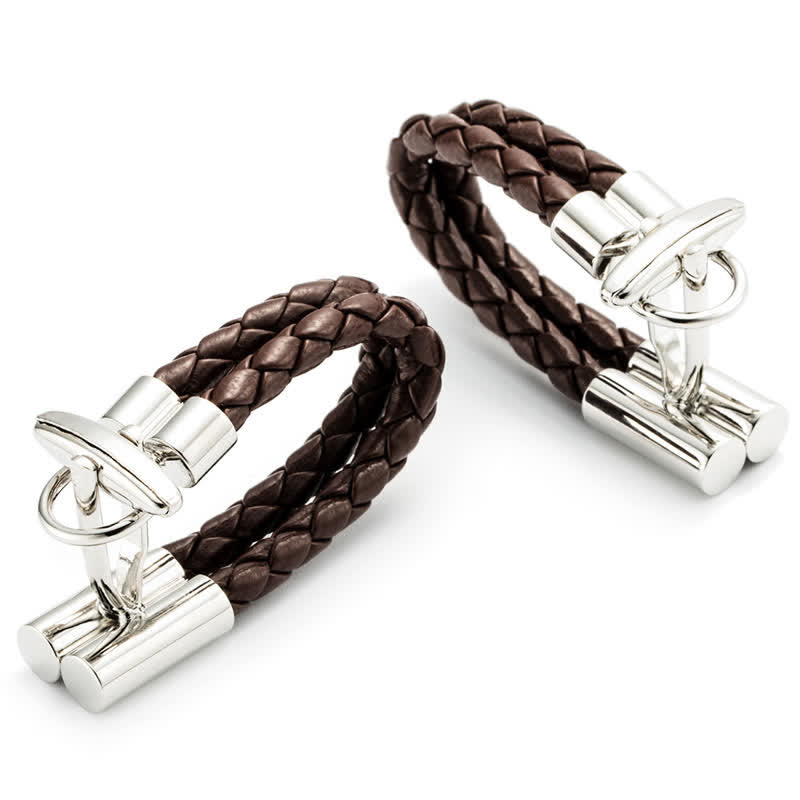 Men's 1 Pair Brown Braided Leather Rope Wrap Around Cufflinks - Brown - image 0