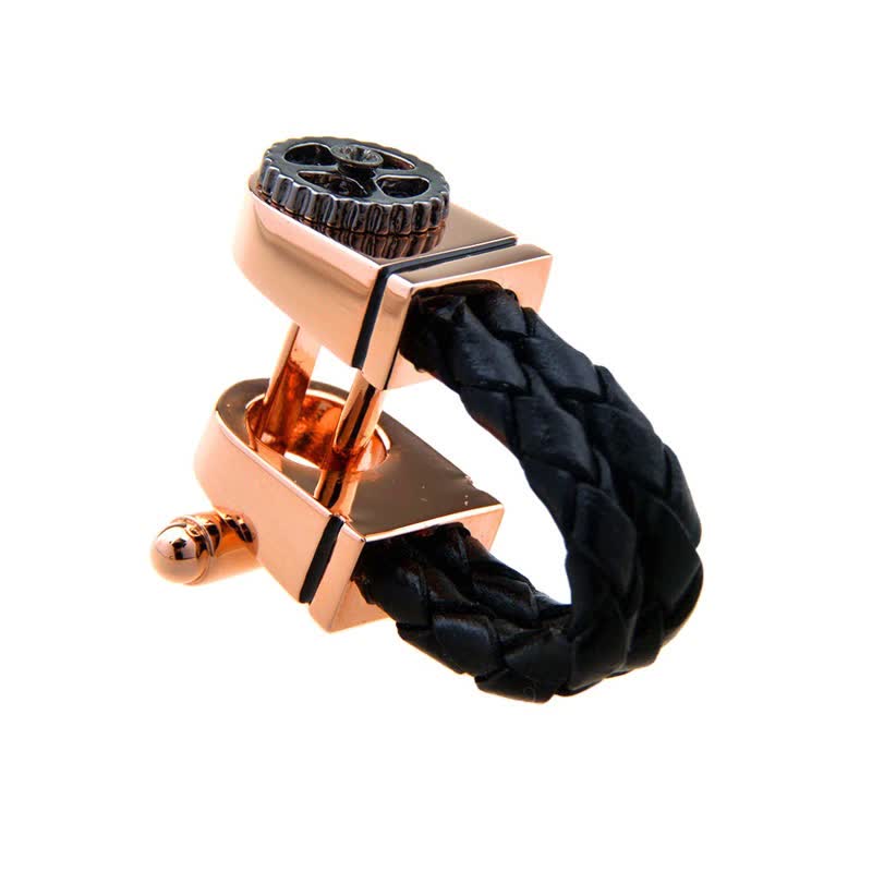 Men's 1 Pair Rose Gold Gear Braided Leather Cufflinks - image 2