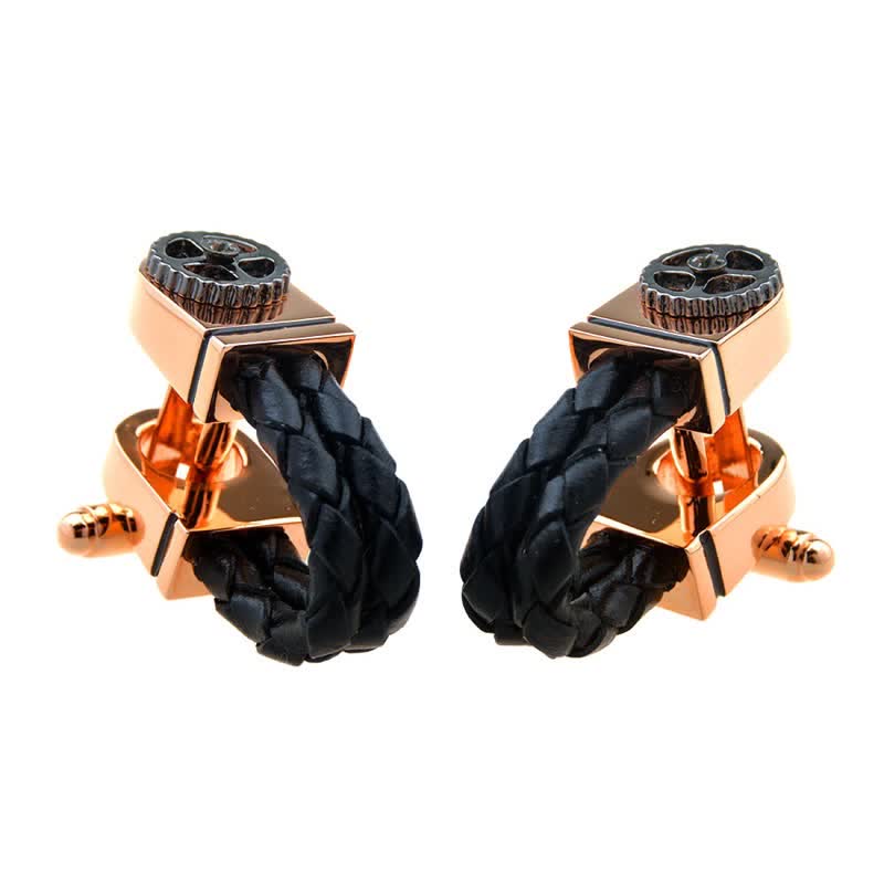 Men's 1 Pair Rose Gold Gear Braided Leather Cufflinks - image 3