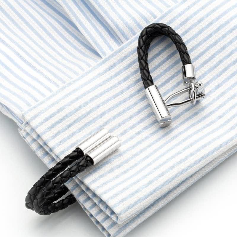 Men's 1 Pair Black Wedding Knit Button Braided Leather Cufflinks - image 2