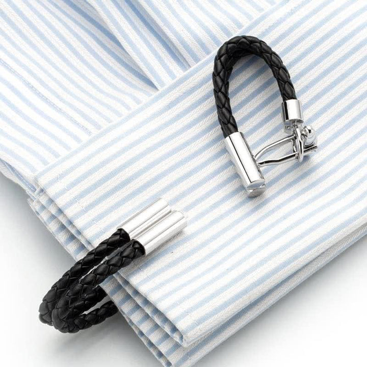 Men's 1 Pair Black Wedding Knit Button Braided Leather Cufflinks - image 2