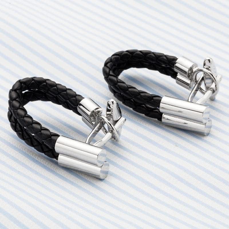 Men's 1 Pair Black Wedding Knit Button Braided Leather Cufflinks - image 1
