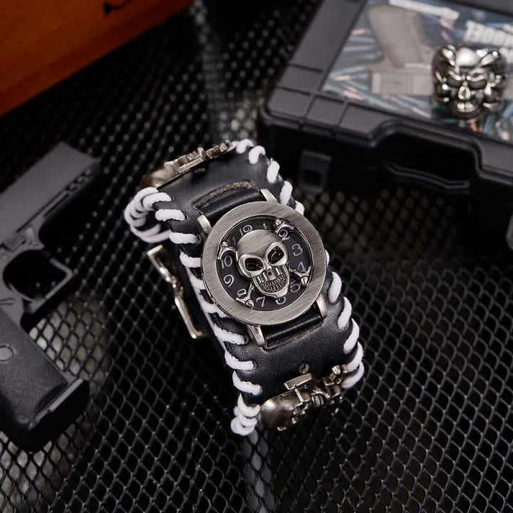 Men's Vintage White Rope Edge Leather Watch With Skull Cover