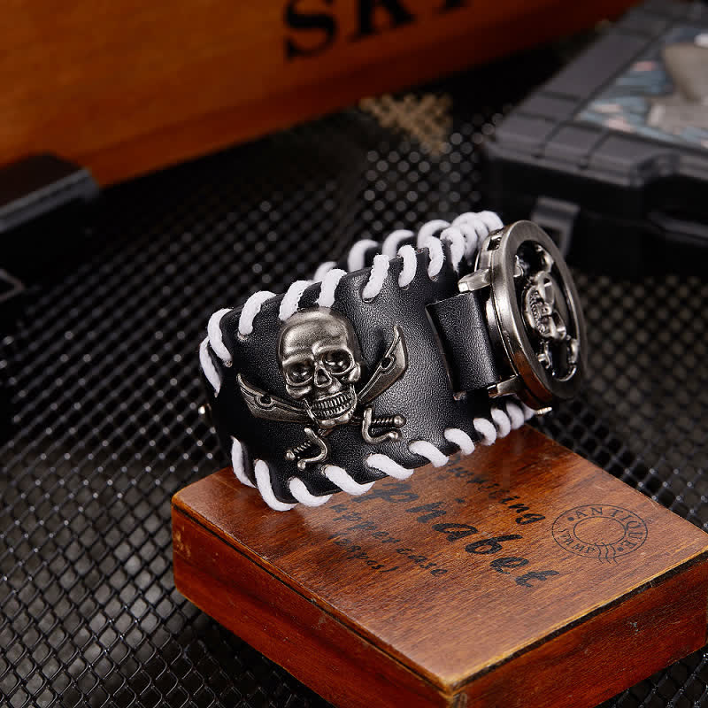 Men's Vintage White Rope Edge Leather Watch With Skull Cover
