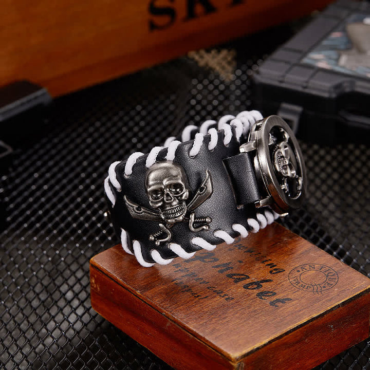 Men's Vintage White Rope Edge Leather Watch With Skull Cover