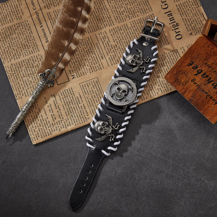 Men's Vintage White Rope Edge Leather Watch With Skull Cover