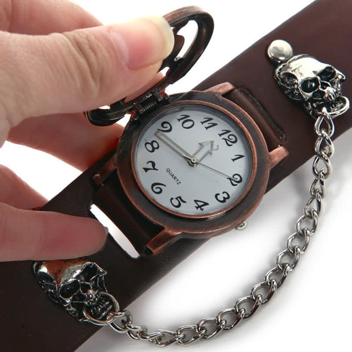 Men's Rock Silver River Chain Leather Watch With Skull Cover
