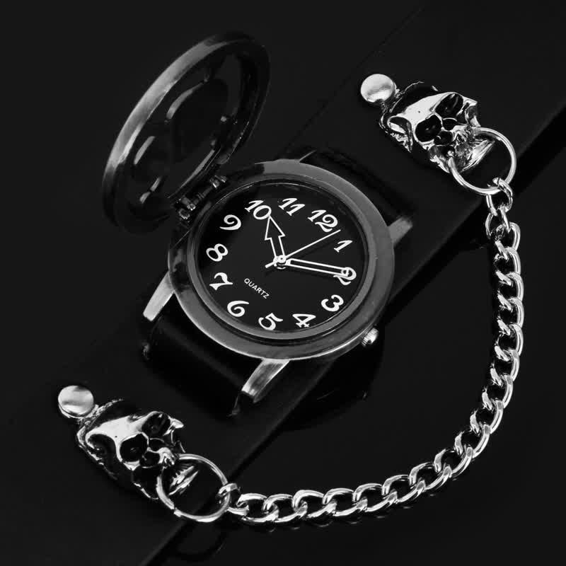 Men's Rock Silver River Chain Leather Watch With Skull Cover