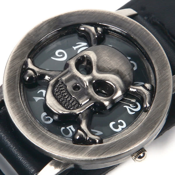 Men's Rock Silver River Chain Leather Watch With Skull Cover