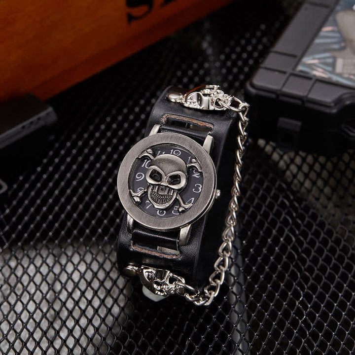 Men's Rock Silver River Chain Leather Watch With Skull Cover