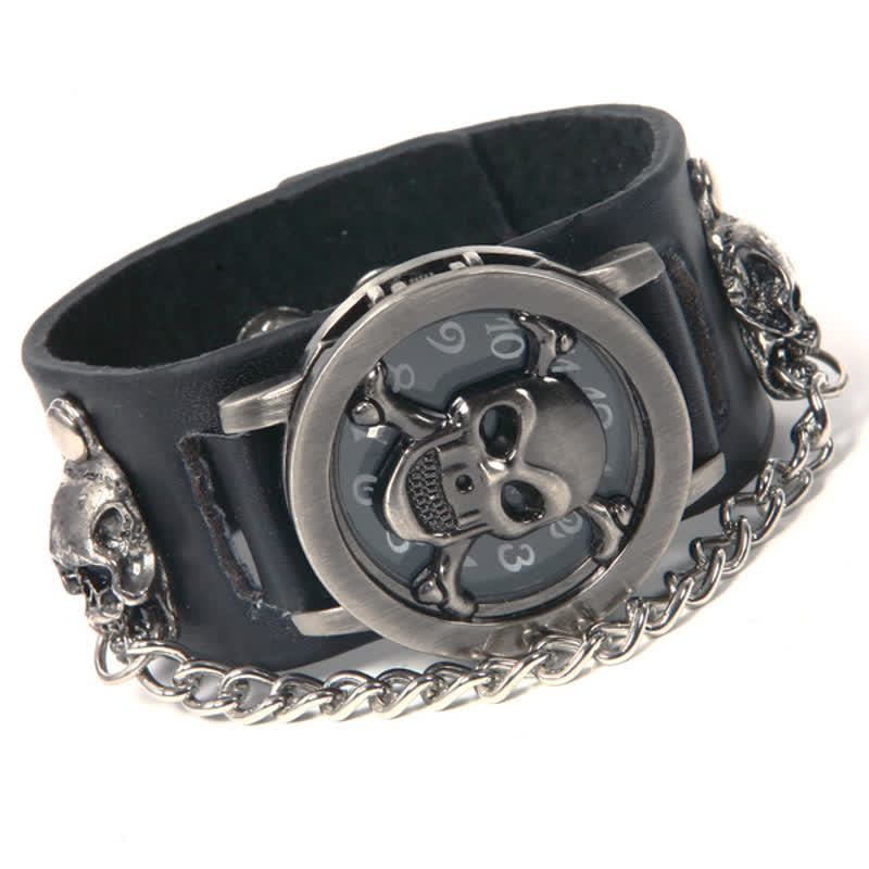 Men's Rock Silver River Chain Leather Watch With Skull Cover