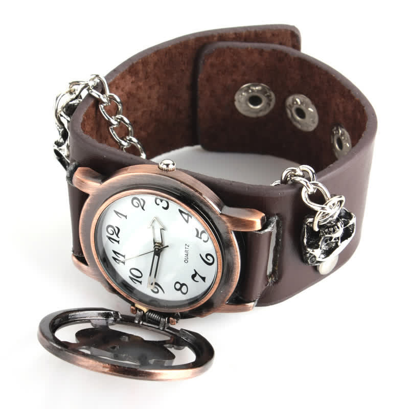 Men's Rock Silver River Chain Leather Watch With Skull Cover