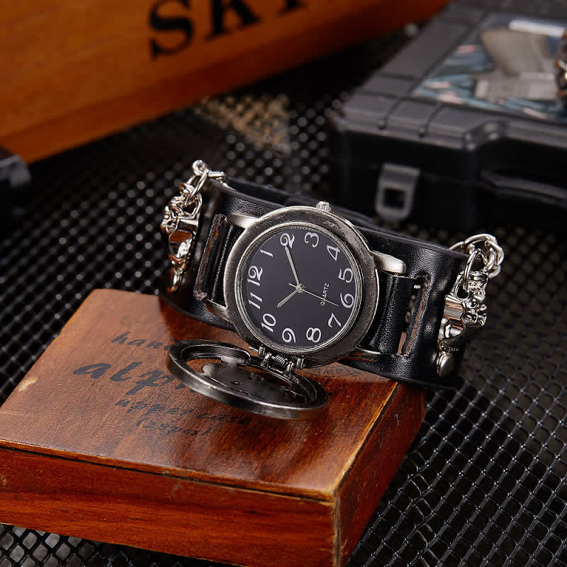 Men's Rock Silver River Chain Leather Watch With Skull Cover